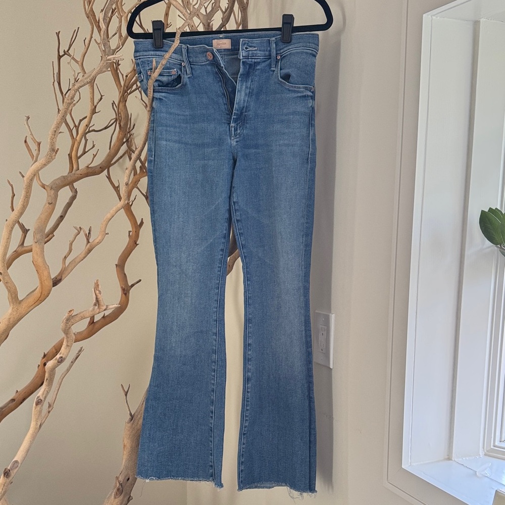 MOTHER Blue “The Weekender Fray” High-Rise Flare Jeans